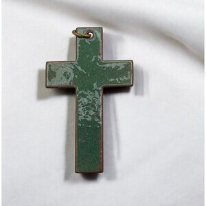 Vintage Enamel Cross Pendant Green and Bronze Tone Double Sided Religious